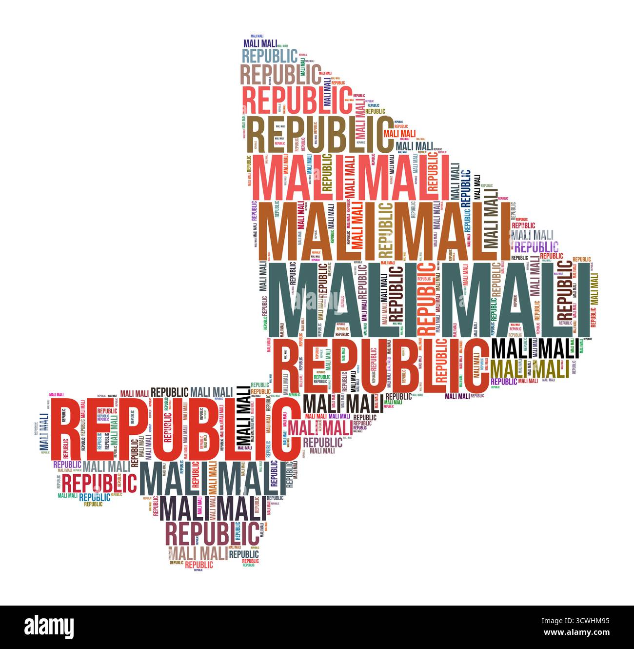 Nuage de mots en forme de pays Mali. Illustration de pays de style typographique. Image Mali dans le style nuage de texte. Illustration vectorielle. Illustration de Vecteur