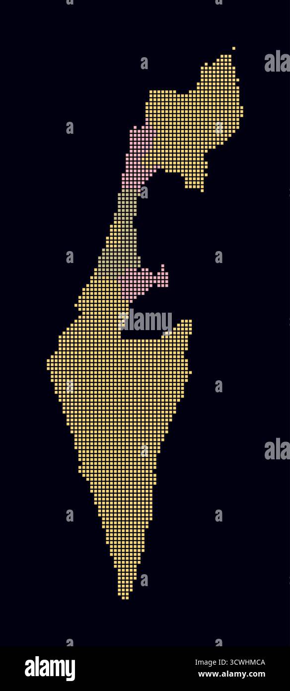 Carte en pointillés d'Israël. Carte de style numérique du pays sur fond sombre. Forme d'Israël avec des points carrés. Style de points colorés. Carrés de petite taille. Illustration de Vecteur