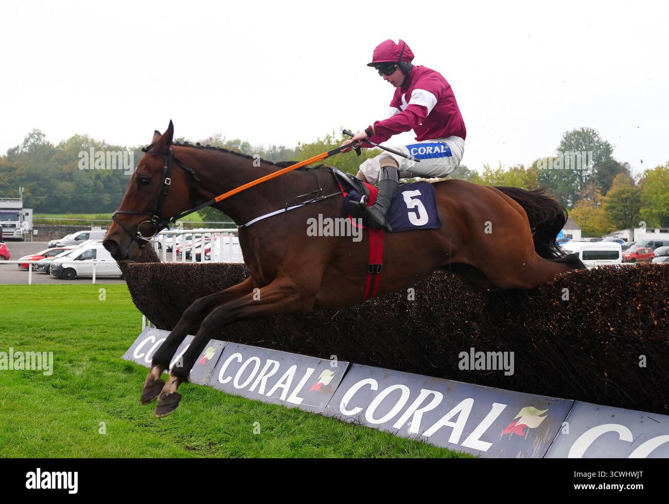 Speculatrix monté par Sean Bowen sur leur chemin pour remporter la course Tom Malone Bloodstock Novices' Chase lors du Dragonbet Welsh Racing Festival à l'hippodrome de Chepstow. Date de la photo : dimanche 12 octobre 2025. Banque D'Images