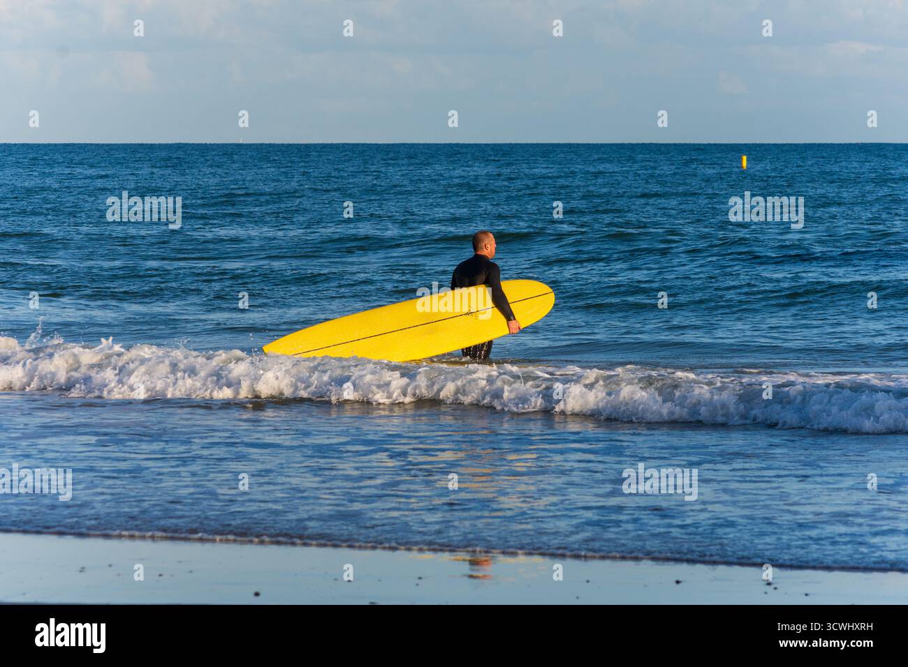 East Cliff Beach, Bournemouth, Royaume-Uni - 22 septembre 2025 : surfeur marchant avec sa planche de surf dans la mer. Banque D'Images