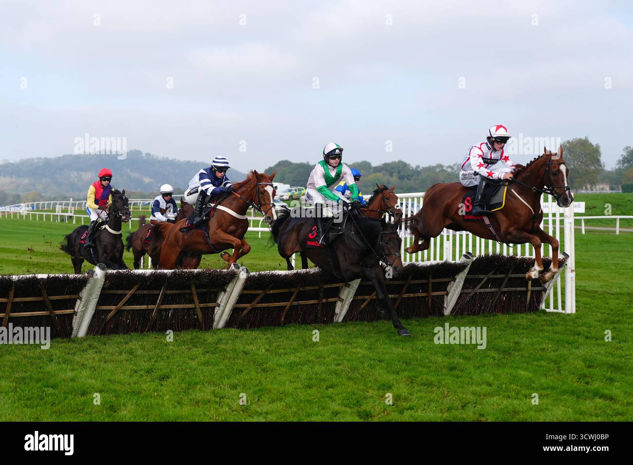Coureurs et coureurs sur le premier tour de la haie DragonBet 'Welsh Champion' pendant le DragonBet Welsh Racing Festival à l'hippodrome de Chepstow. Date de la photo : dimanche 12 octobre 2025. Banque D'Images