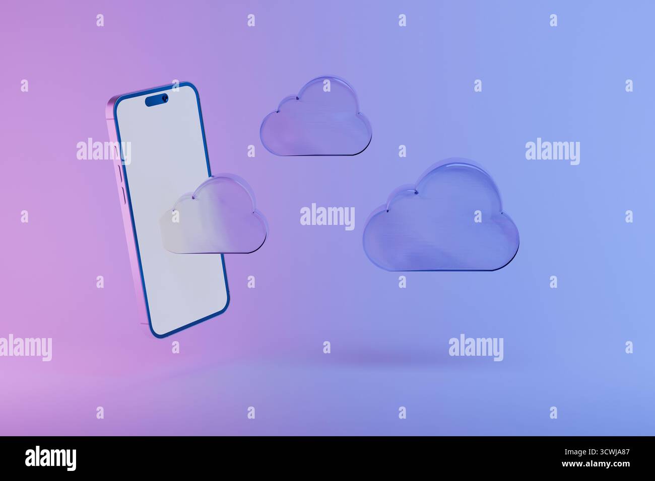 Smartphone sur Pink Blue gradient avec Flying Neon Glass Clouds. Cloud Service et SaaS, concept. Stockage Cloud, transfert de données en ligne, synchronisation, Banque D'Images
