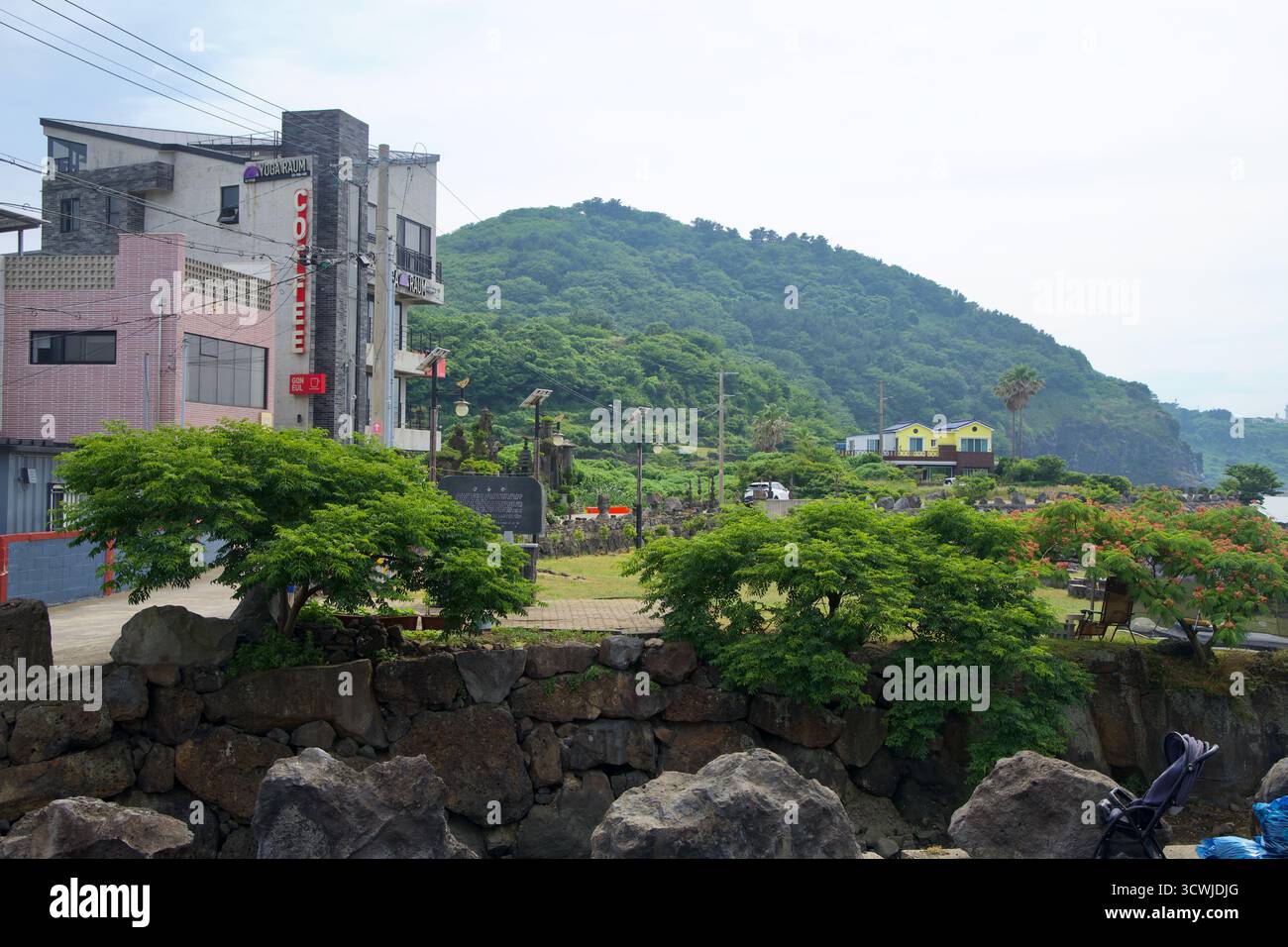 Les cafés et les maisons d'hôtes se trouvent à la base d'une colline verdoyante le long du rivage de Hwabuk, avec des palmiers, des murs de champs et des chemins de bord de mer entre les bas-R mixtes Banque D'Images