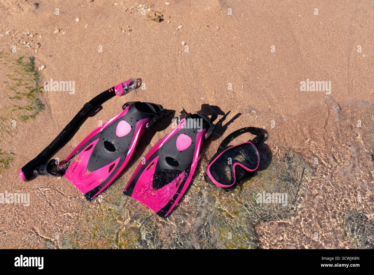 Une paire de palmes roses et noires, un tuba, et un masque de plongée placé sur une plage de sable et près des eaux peu profondes. Banque D'Images