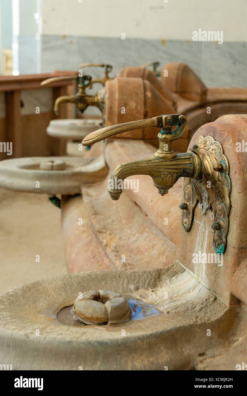 Ville thermale de Vichy. Robinets d'eau de source au printemps de Célesting (Source des Celestins), département d'Allier, Auvergne Rhône Alpes, France Banque D'Images