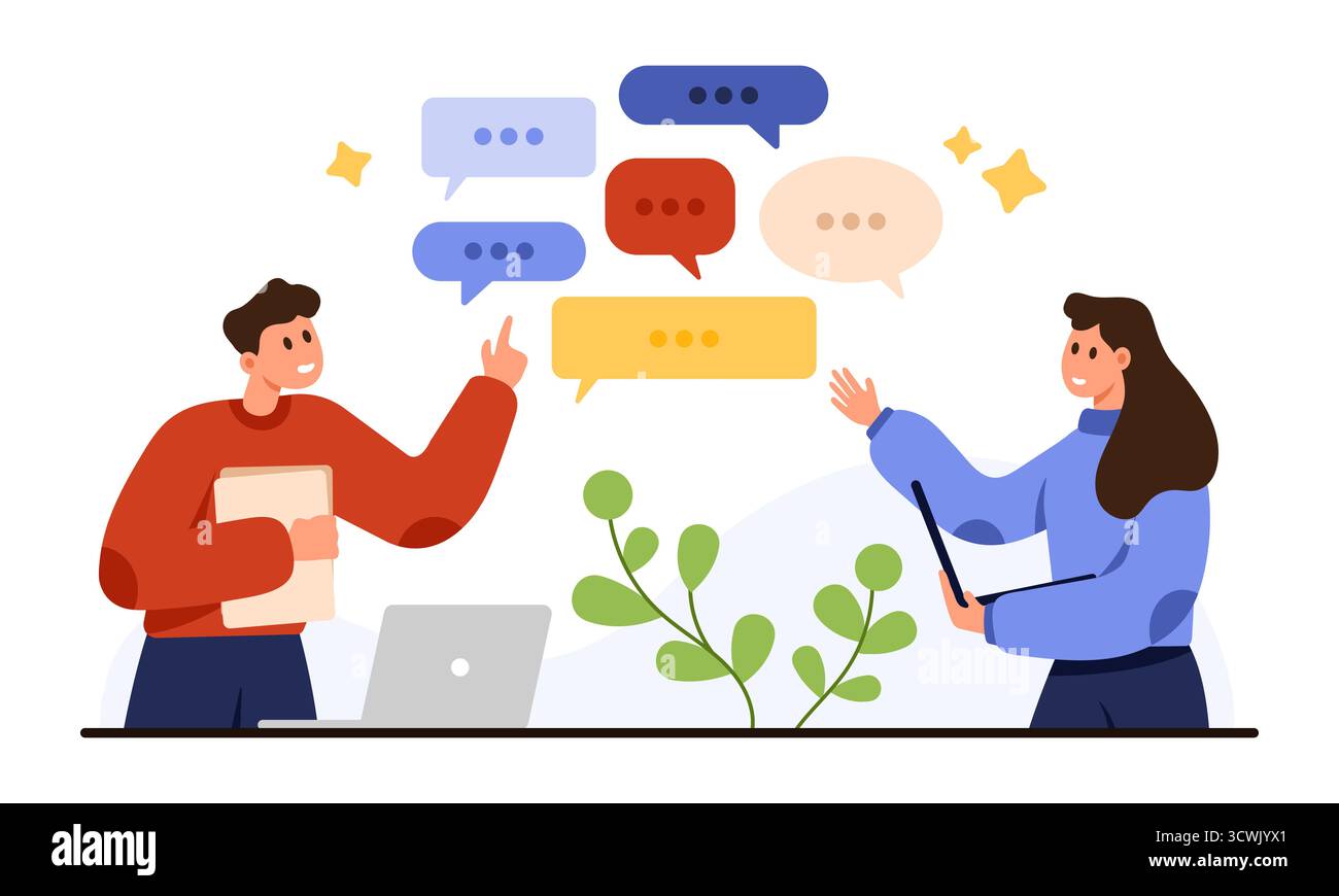 Deux collègues échangeant des commentaires et discutant des idées avec des bulles de discours, des ordinateurs portables et des documents, représentant le travail d'équipe et la communication, isolés sur fond blanc illustration vectorielle Illustration de Vecteur