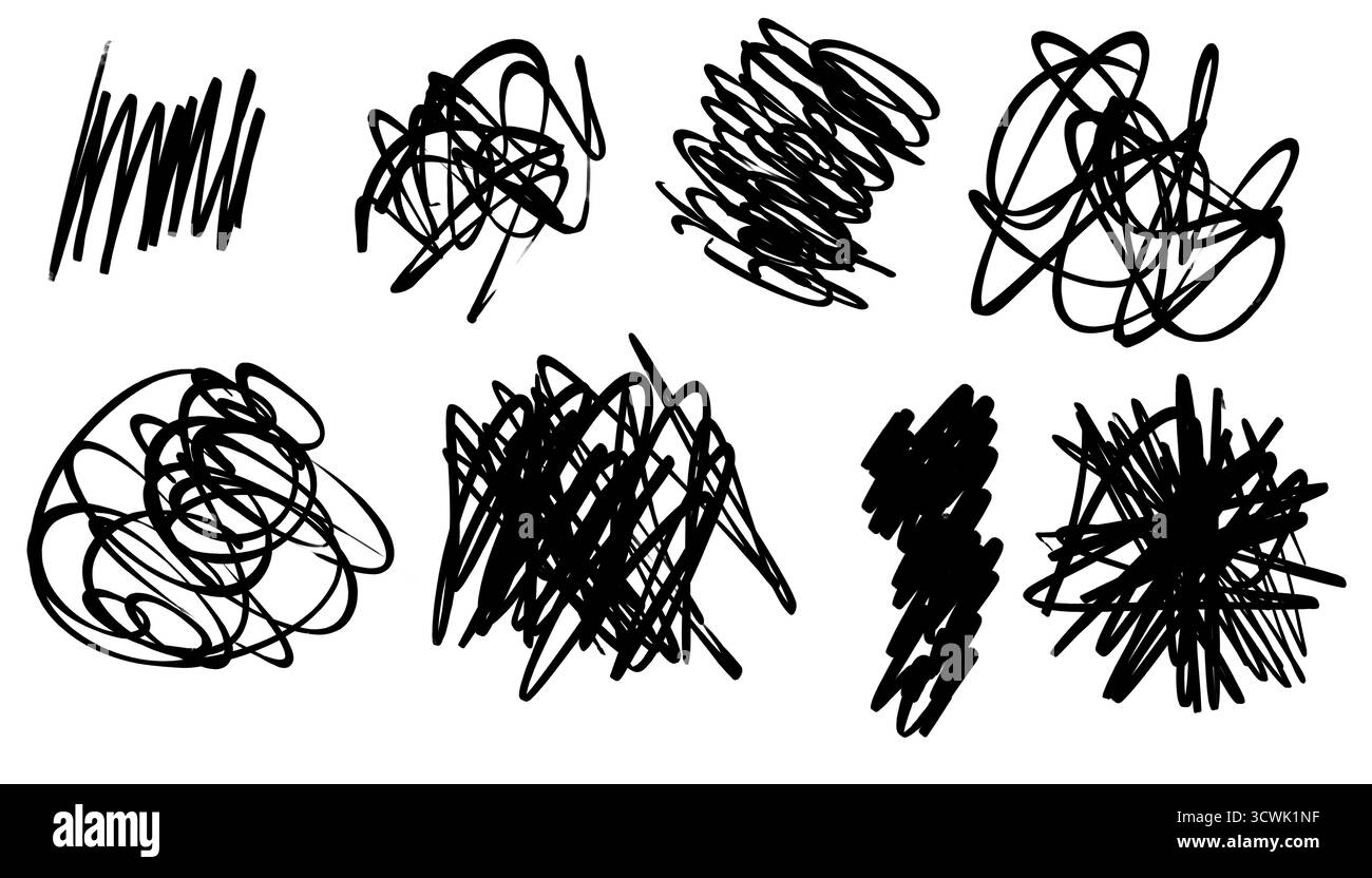 Ensemble de griffonnages noirs dessinés à la main isolés sur fond transparent. Lignes d'esquisse abstraites désordonnées et éléments de gribouillage pour la conception, la note, la mise en évidence, ou Banque D'Images