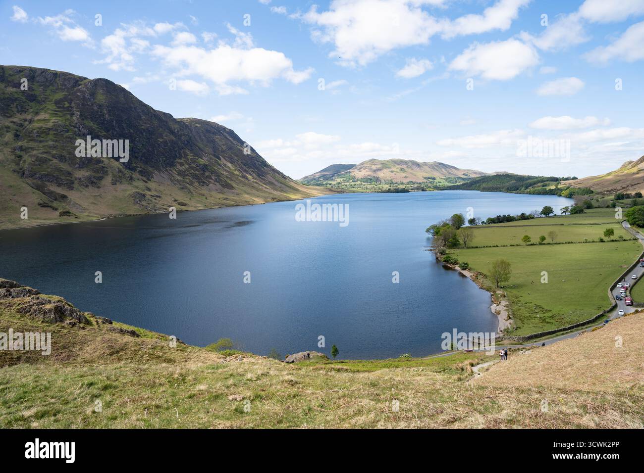 Vue panoramique du Lake District tarn entouré de fées roulantes sous le ciel bleu avec des nuages blancs Banque D'Images