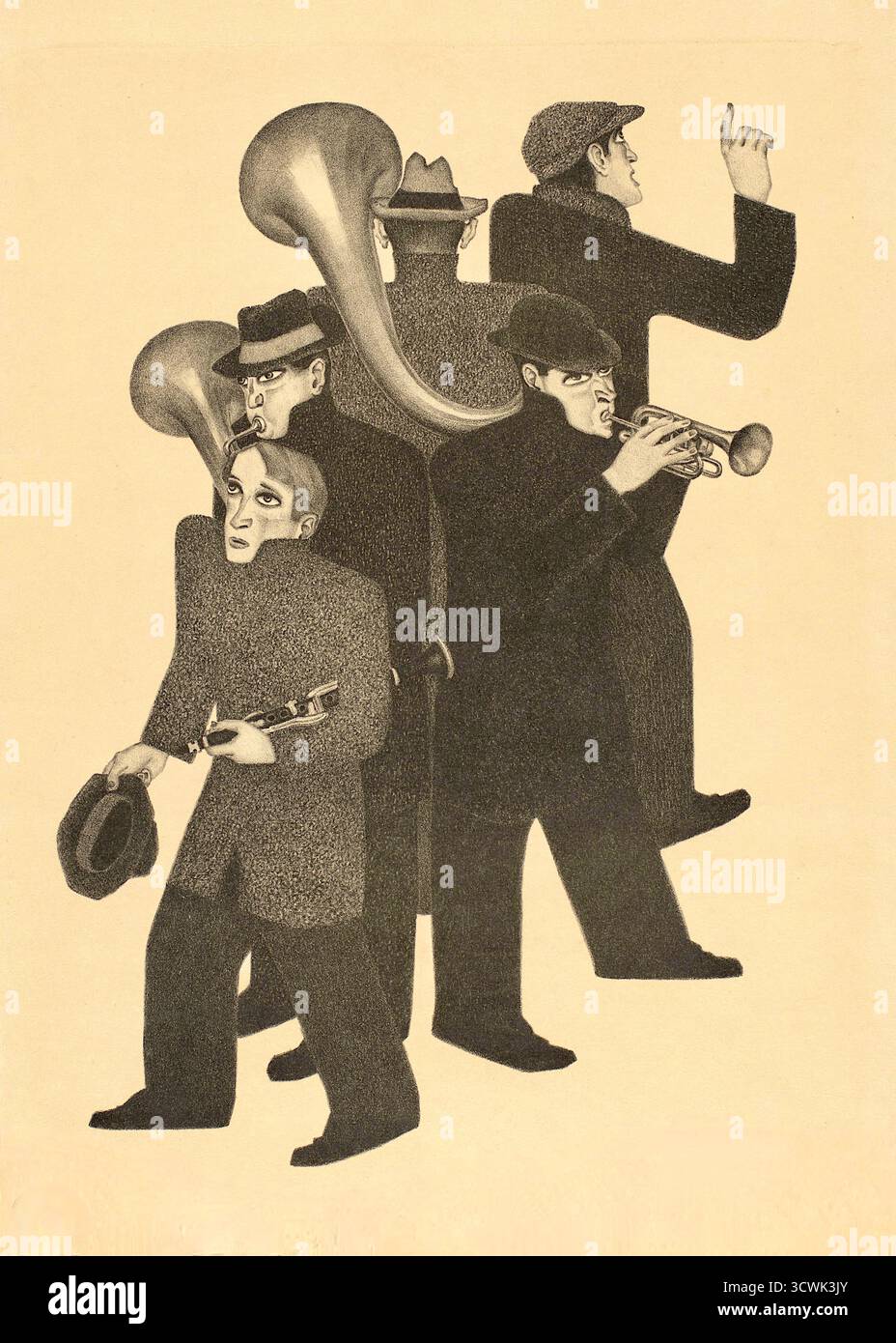 Johan van Hell - cinq musiciens - les musiciens jouent divers instruments, dont une trompette et un grand corne en forme de tuba. Une figure tient un chapeau dans une main et ce qui semble être une clarinette ou un instrument à bois similaire dans l'autre. Le style rappelle l'art du début du XXe siècle, avec des figures allongées et un accent sur les formes géométriques. L'œuvre fait partie d'un plus grand corpus d'œuvres de l'artiste qui comprend d'autres illustrations de musiciens. Banque D'Images Johan van Hell - cinq musiciens - les musiciens jouent divers instruments, dont une trompette et un grand corne en forme de tuba. Une figure tient un chapeau dans une main et ce qui semble être une clarinette ou un instrument à bois similaire dans l'autre. Le style rappelle l'art du début du XXe siècle, avec des figures allongées et un accent sur les formes géométriques. L'œuvre fait partie d'un plus grand corpus d'œuvres de l'artiste qui comprend d'autres illustrations de musiciens. Banque D'Images