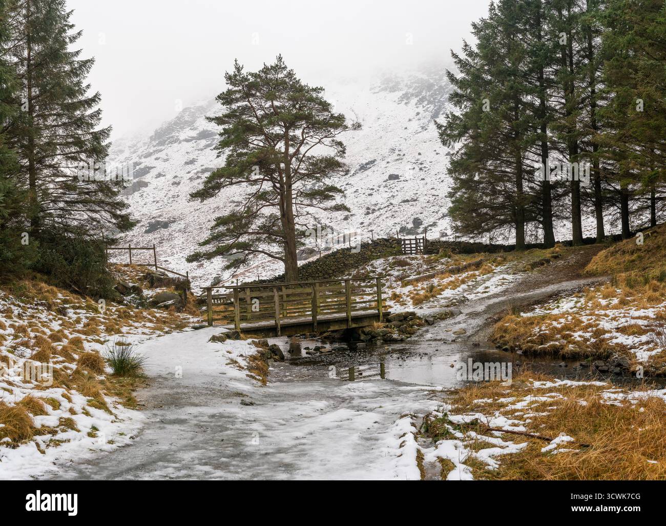 Un pont en bois enneigé traverse le ruisseau dans le paysage hivernal du Lake District Banque D'Images