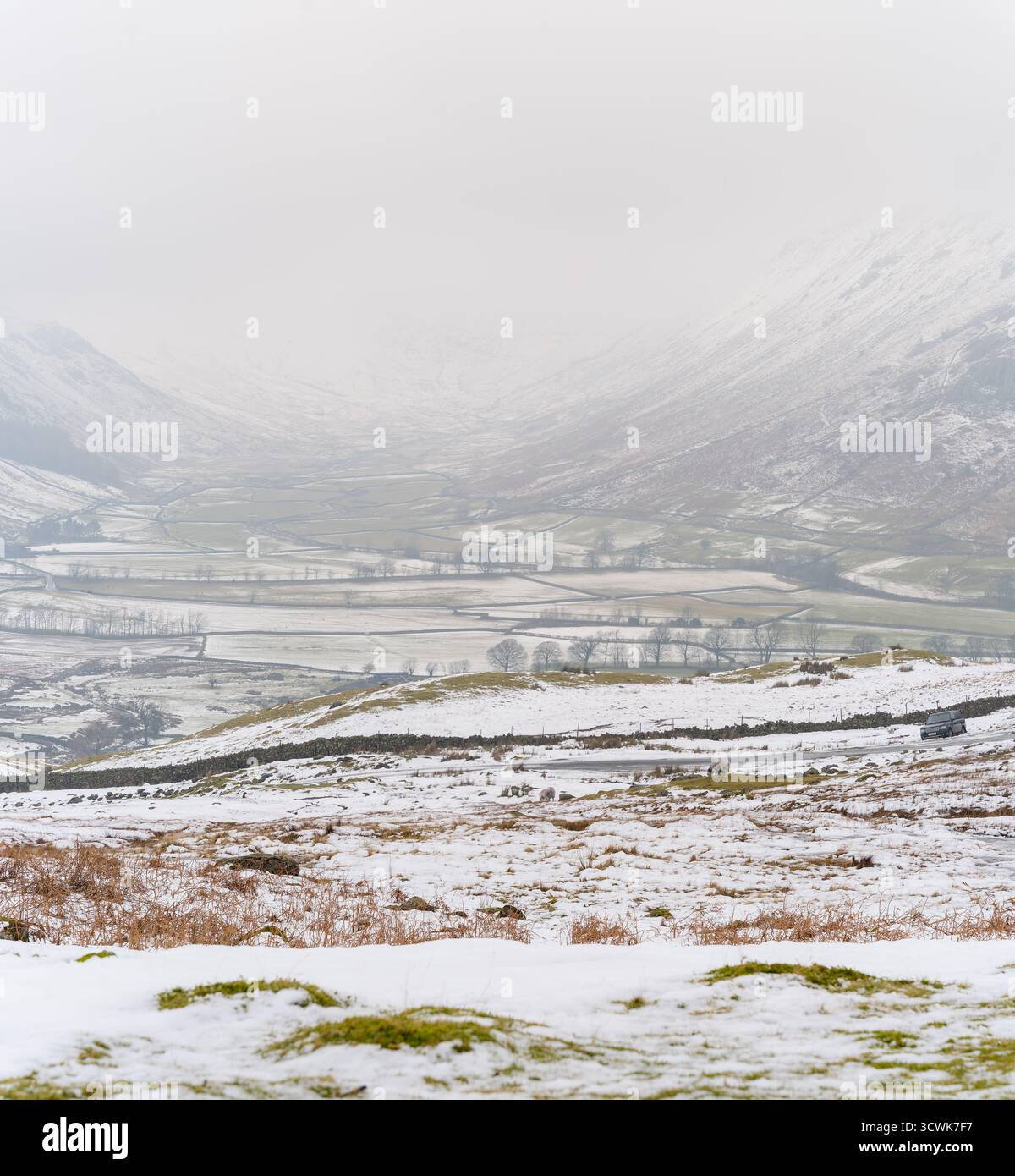 Plongeon enneigé et panorama de la vallée dans le paysage hivernal de Misty Lake District Banque D'Images