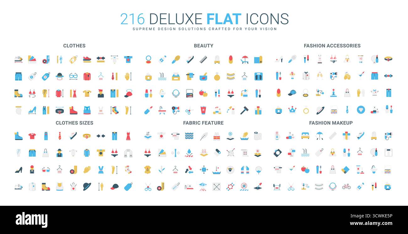 Ensemble complet d'icônes plates couvrant les vêtements, la beauté, les accessoires, les tailles, les caractéristiques du tissu, et maquillage pour la mode moderne, le style et la conception textile illustration vectorielle isolée Illustration de Vecteur
