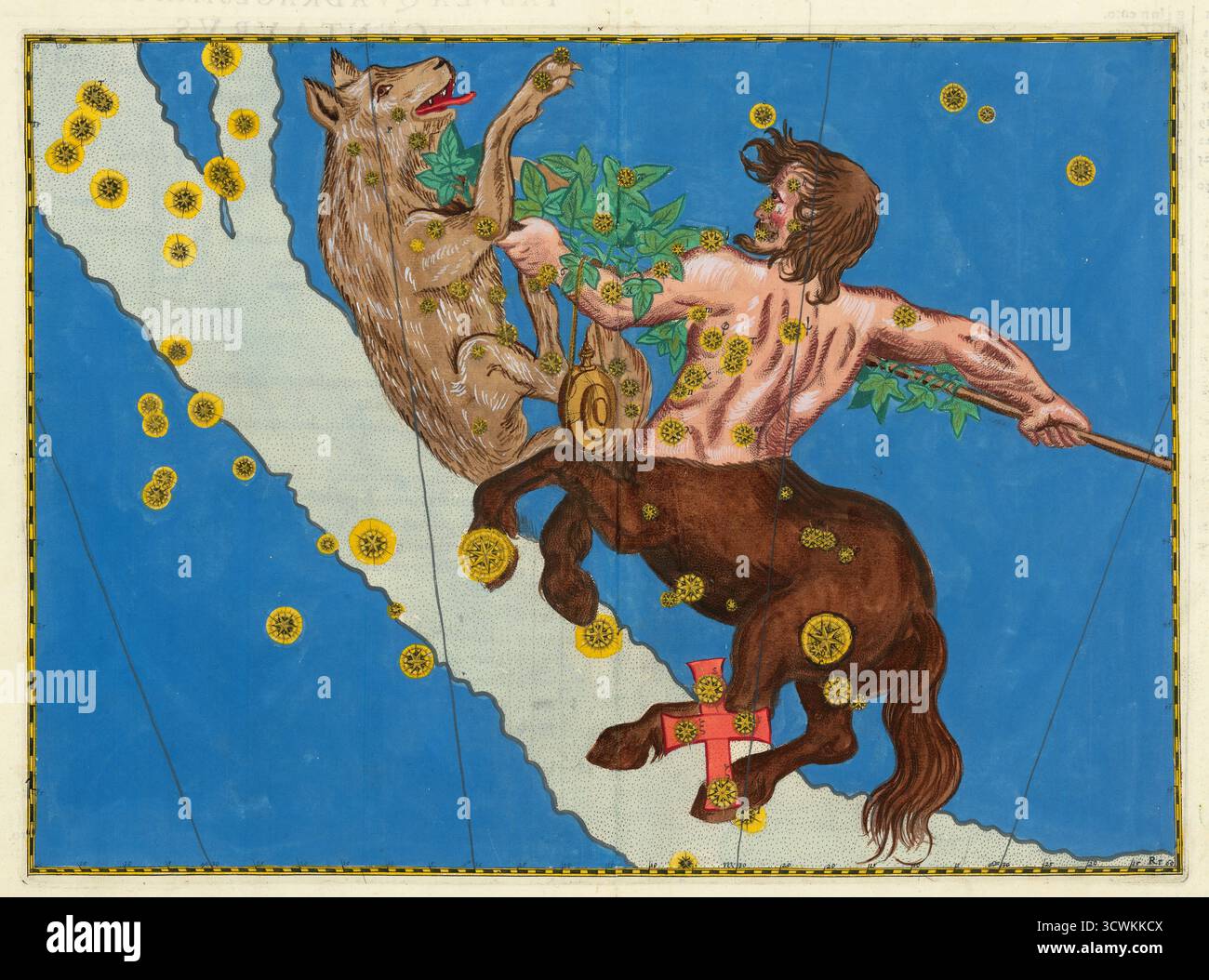 Lupus (le loup) avec Centaurus- Johann Bayer,1603. Carte céleste de Constellation avec les étoiles en hauteur en or. Uranometria de Bayer importants atlas célestes du XVIIe siècle. En plus de la Constellation, représentation de Centaure combattant un loup Banque D'Images