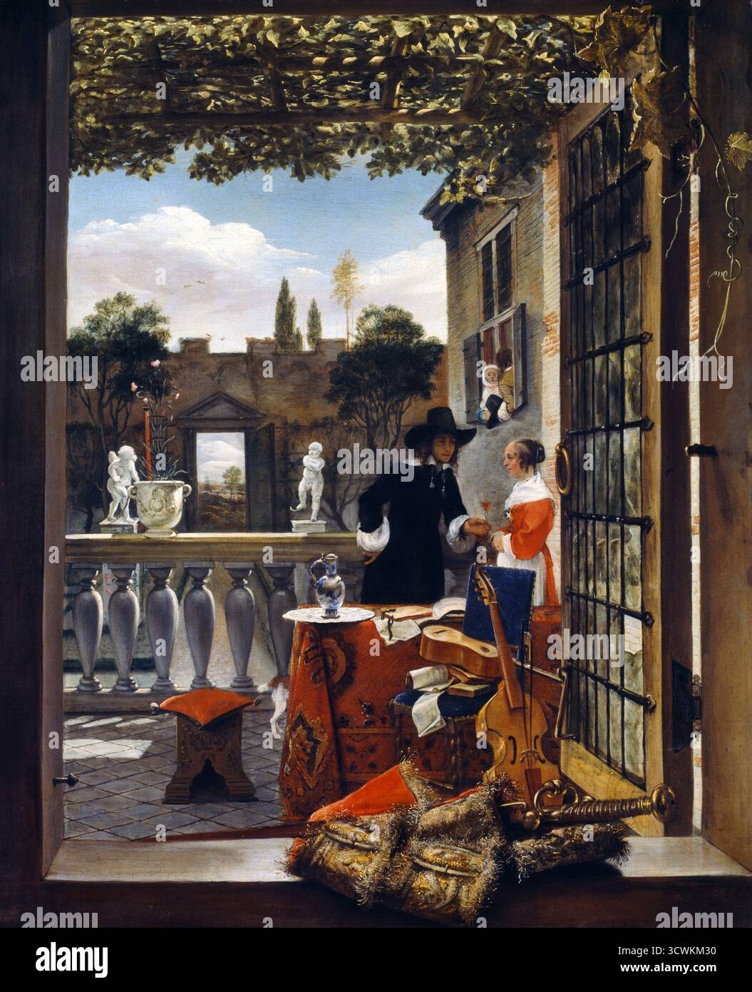 La terrasse huile sur toile peinture par artiste inconnu néerlandais autour de 1660 image d'art du 17ème siècle Banque D'Images