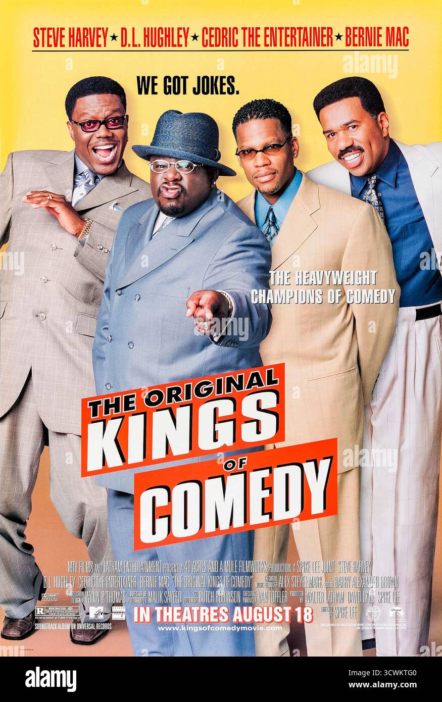 The original Kings of Comedy (2000) réalisé par Spike Lee et mettant en vedette Steve Harvey, D.L. Hughley et Cedric the Entertainer. Un film de concert capturant les performances de la légendaire tournée stand-up, présentant des idées humoristiques sur la race, la famille et la culture. Photographie d'une affiche américaine originale de 2000 À USAGE ÉDITORIAL EXCLUSIF. Crédit : BFA / Paramount Pictures Banque D'Images