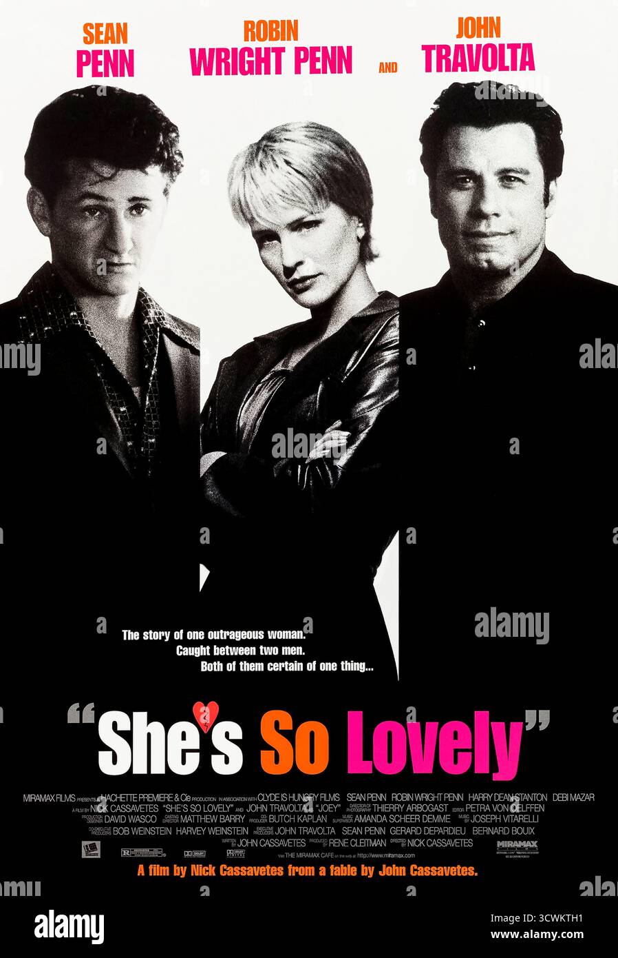 She’s So Lovely (1997) réalisé par Nick Cassavetes avec Sean Penn, Robin Wright et John Travolta. Un homme troublé revient après dix ans pour trouver que sa femme a construit une nouvelle vie avec un autre, déclenchant une confrontation sur l'amour et la famille. Photographie d'une affiche américaine originale de 1997 À USAGE ÉDITORIAL EXCLUSIF. Crédit : BFA / Miramax films Banque D'Images