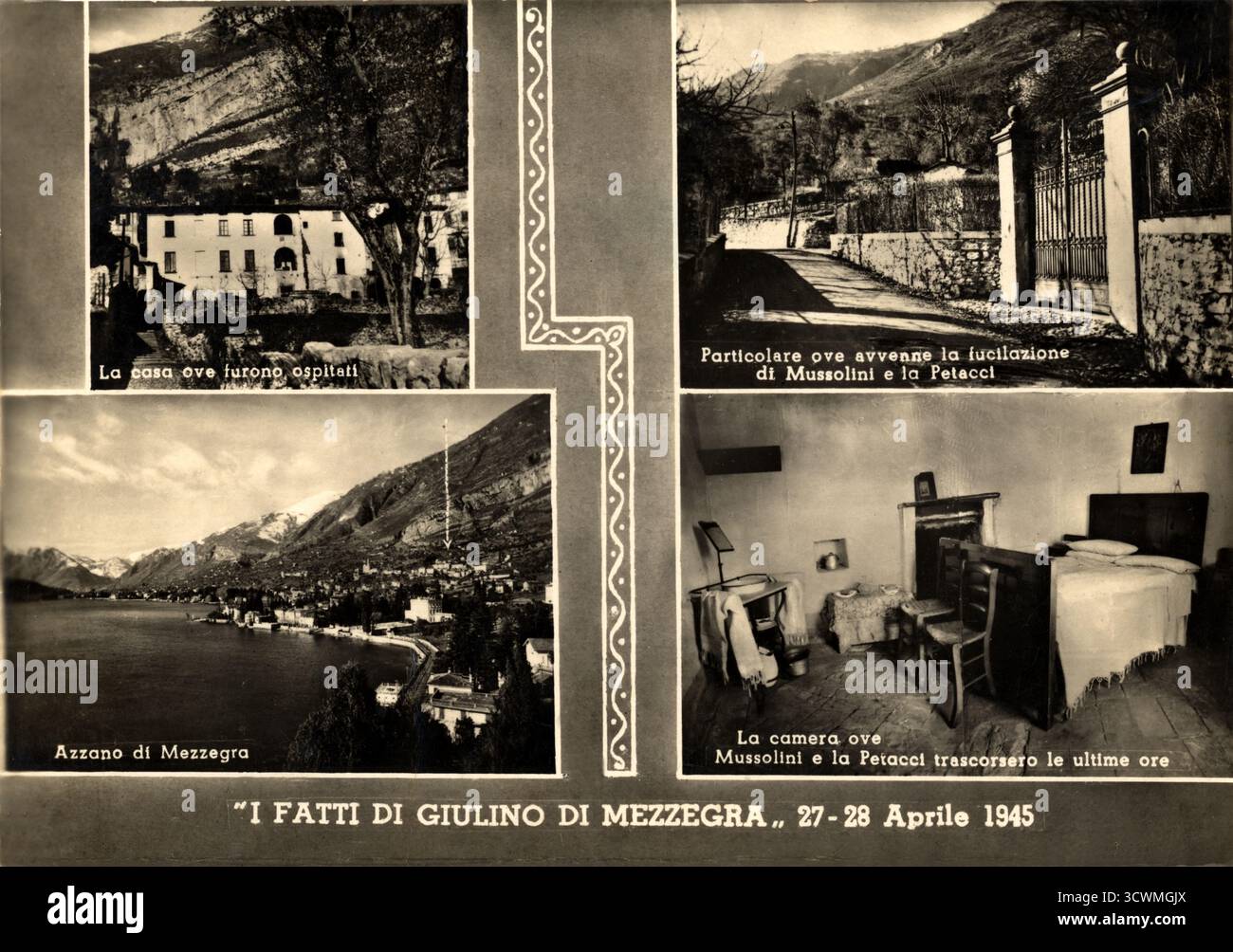1950 c., Giulino di Mezzegra , Tremezzina , CÔME , ITALIE : le Duce fasciste italien BENITO MUSSOLINI ( 1883 - 1945 ), carte postale avec les lieux de ses deux derniers jours et de sa mort à Giulino di Mezzegra , les 27 et 28 avril 1945 . Quand il a été arrêté par des partisans italiens alors qu'il tentait lâchement de s'échapper en Suisse , vêtu d'un uniforme nazi, caché dans un camion transportant des soldats nazis. Après son arrestation, il a été rejoint par son amant Claretta Petacci ( 1912 - 1945 ). Dans un drame du destin, ils ont été abattus ensemble le 28 avril, devant la porte d'une villa. Photographe inconnu . - ritratto - p Banque D'Images
