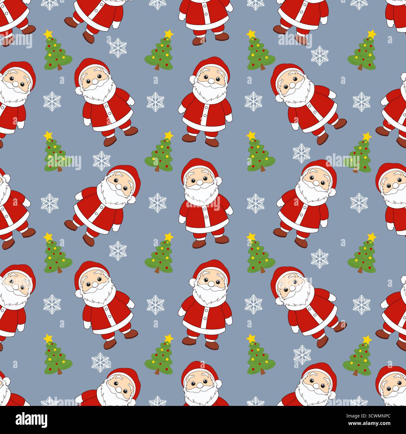 Motif de noël sans couture avec le père noël de dessin animé et les flocons de neige. Illustration de Vecteur