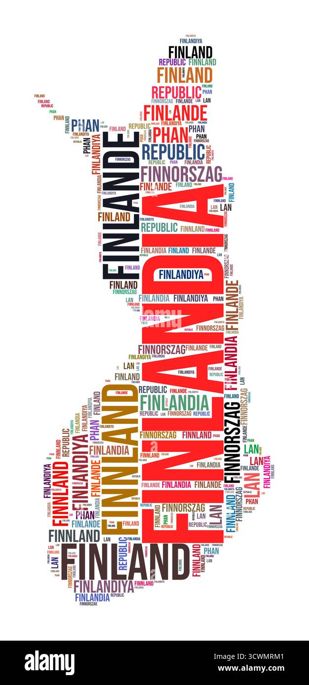 Nuage de mots en forme de pays Finlande. Illustration de pays de style typographique. Image Finlande dans le style nuage de texte. Illustration vectorielle. Illustration de Vecteur