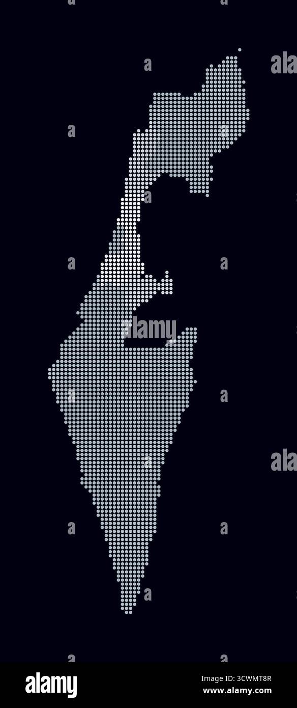 Carte en pointillés d'Israël. Carte de style numérique du pays sur un fond sombre. Forme israélienne avec des points circulaires. Style de points colorés. Cercles de petite taille. Illustration de Vecteur