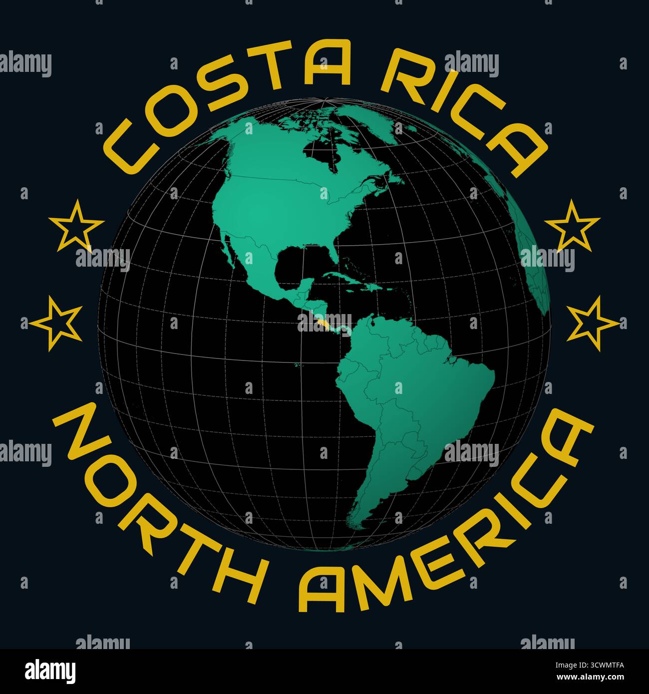 République du Costa Rica sur Globe. Arrondissez le texte du nom du pays et du continent. Vue du pays sur la carte du monde dans la palette de couleurs Black Emerald. Illustration de Vecteur