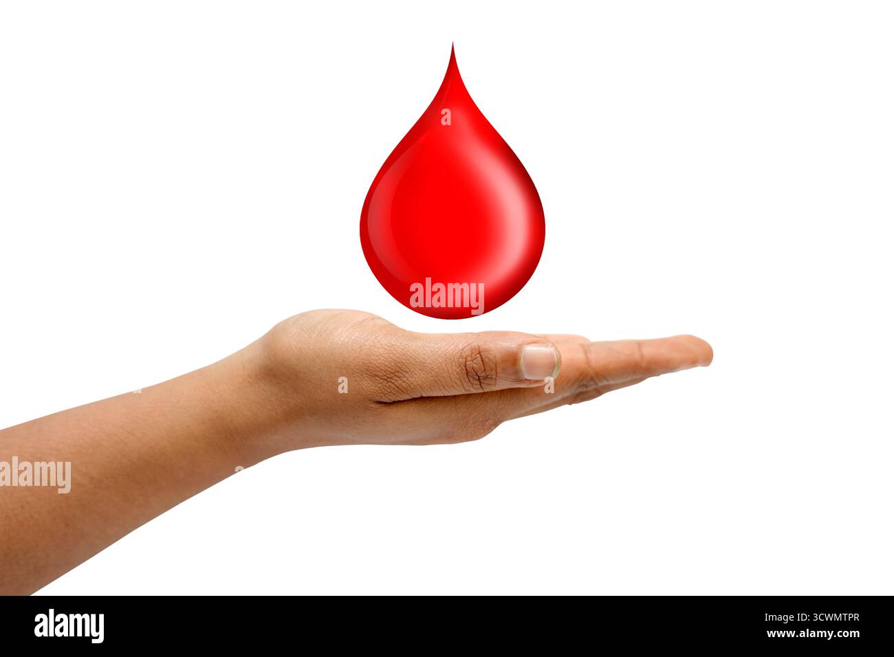 Goutte de sang sur la main. fond blanc. photographie de concept de santé. Banque D'Images