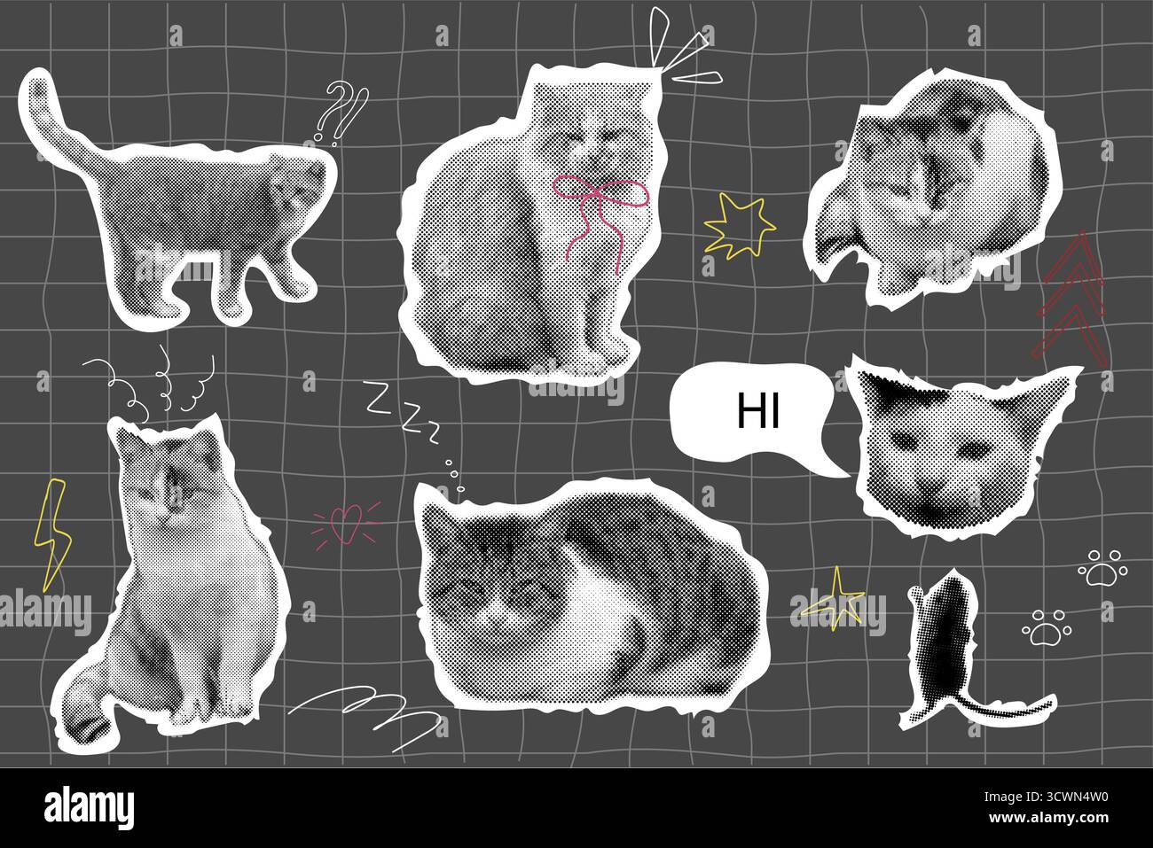 Ensemble d'autocollants de collage demi-ton chat avec des éléments doodle, animal rétro tendance y2k, animal émoticône funky, esthétique pop. Tête de mème avec bulle de parole. Drôle de chatte. Illustration vectorielle Illustration de Vecteur