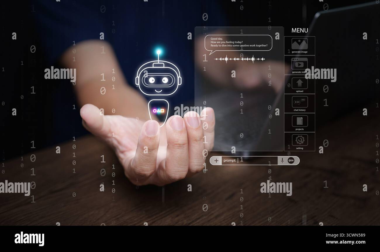 Hologramme futuriste de chatbot IA planant sur la paume humaine, représentant un assistant numérique intelligent, une interaction virtuelle et une intelligence artificielle dans Moder Banque D'Images