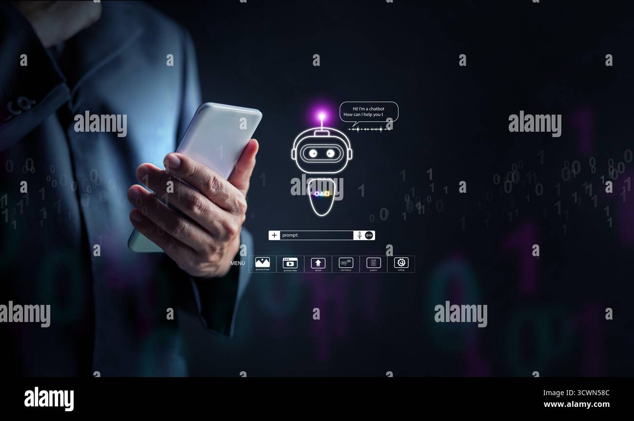 Hologramme futuriste de chatbot ai affiché par un smartphone, symbolisant un assistant virtuel intelligent, l'automatisation et le support client moderne alimenté par arti Banque D'Images