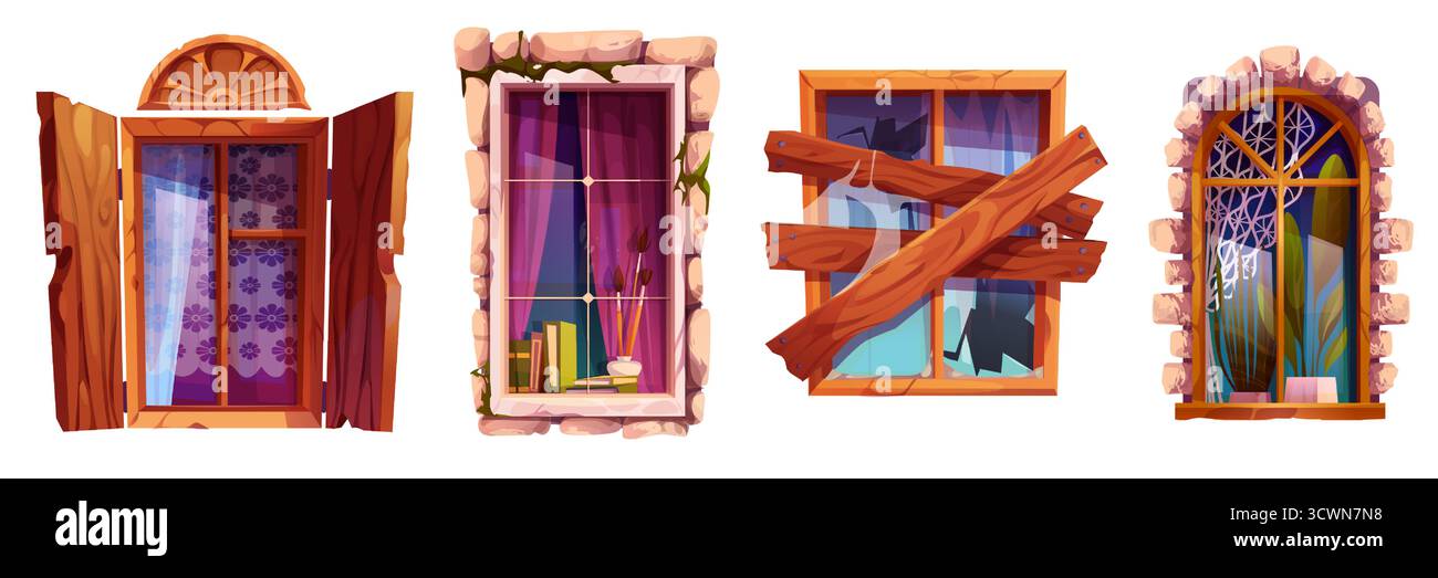 Conceptions décoratives de volets de fenêtre avec stores en bois, cadres en pierre et planches cassées pour façades de bâtiments ou actifs de jeu. Ouvertures arquées avec rideaux et vitres. Eléments extérieurs architecturaux Illustration de Vecteur