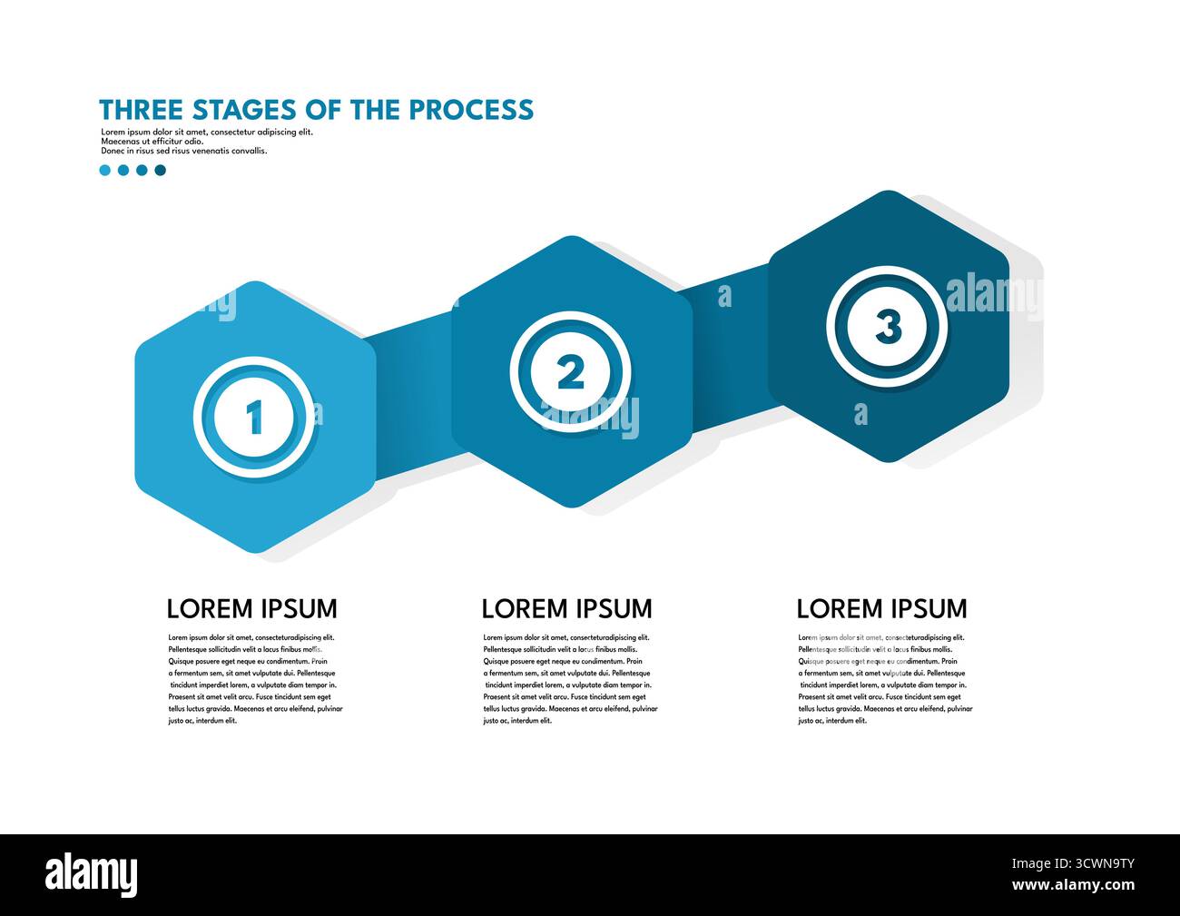 Przygotowujemy słowa kluczowe i tytuł DLA infografiki przedstawiającej Three stages of the Process (Trzy Etapy Procesu), w formie poziomych sześcioką Illustration de Vecteur