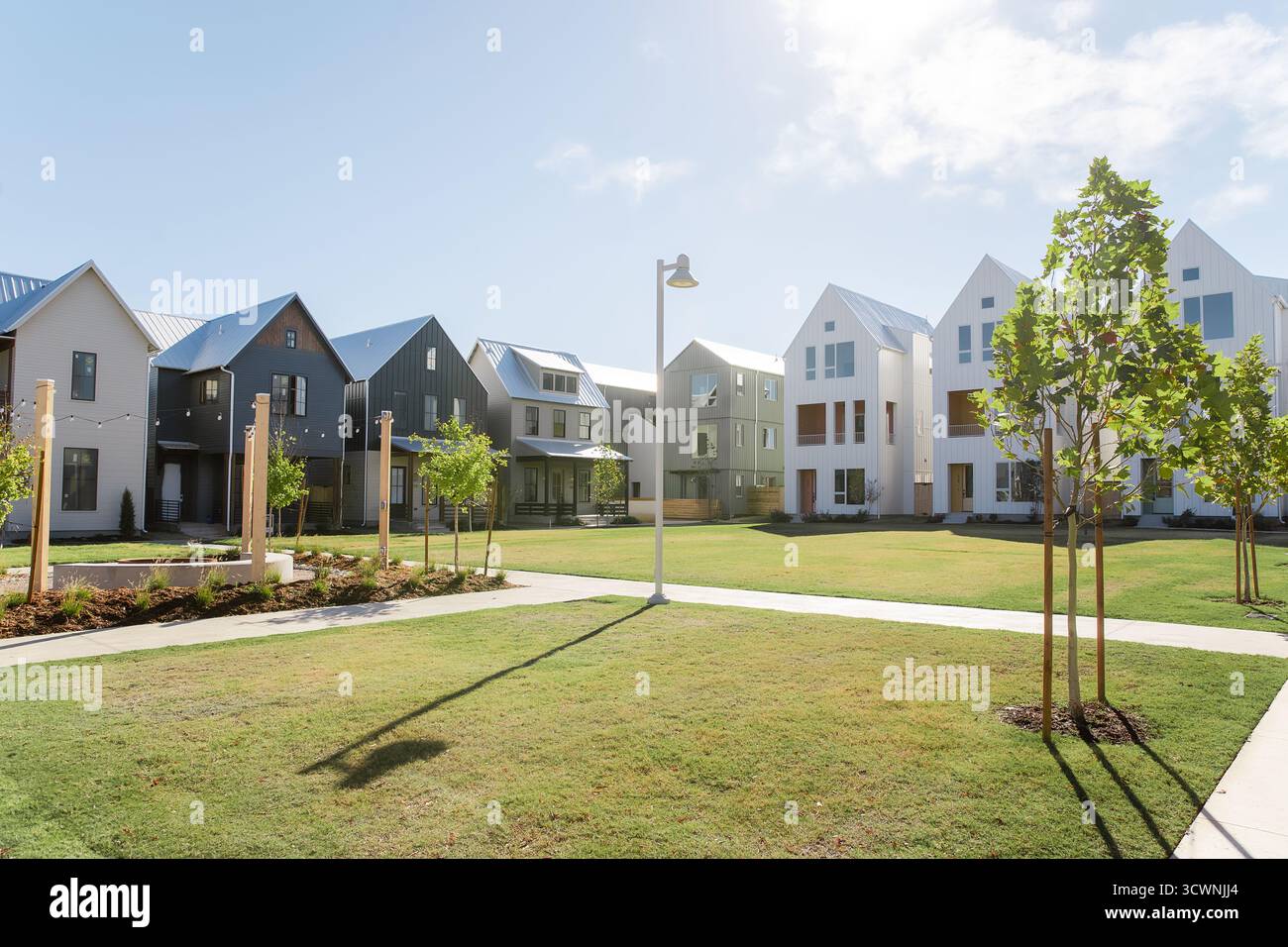 Maisons minimalistes modernes entourant une cour verdoyante les jours ensoleillés. Banque D'Images