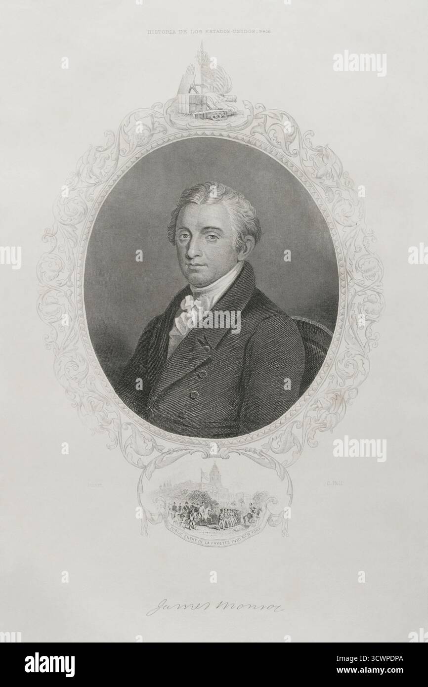 James Monroe (1758-1831) Politicien américain. 5e Président des Etats-Unis (1817-1825). Portrait. Gravure de Charles Holl (1820-1882) d'après Gilbert Stuart (1755-1828), v. 1860. Histoire des États-Unis, par J. A. Spencer. Volume III Edition publié à Barcelone, 1873. Banque D'Images James Monroe (1758-1831) Politicien américain. 5e Président des Etats-Unis (1817-1825). Portrait. Gravure de Charles Holl (1820-1882) d'après Gilbert Stuart (1755-1828), v. 1860. Histoire des États-Unis, par J. A. Spencer. Volume III Edition publié à Barcelone, 1873. Banque D'Images