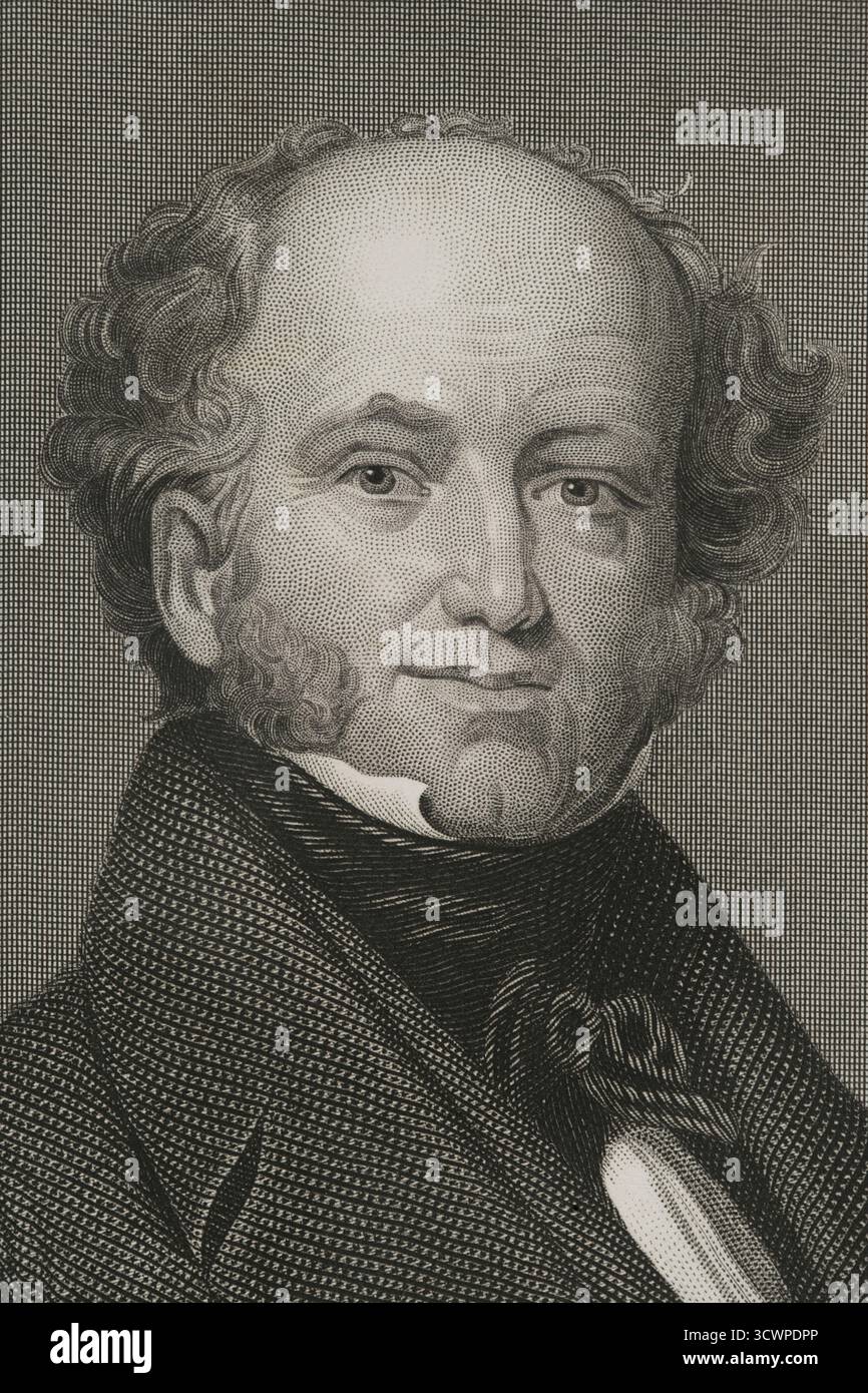 Martin Van Buren (1782-1862) Avocat américain, homme politique et homme d'État. 8e président des États-Unis (1837-1841). Un des principaux fondateurs du Parti démocrate en 1828. Portrait. Gravure de Thomas William Hunt (1818-1899) d'après Henry Inman (1801-1846), vers 1850-1872. Détail. Histoire des États-Unis, par J. A. Spencer. Volume III Edition publié à Barcelone, 1873. Banque D'Images Martin Van Buren (1782-1862) Avocat américain, homme politique et homme d'État. 8e président des États-Unis (1837-1841). Un des principaux fondateurs du Parti démocrate en 1828. Portrait. Gravure de Thomas William Hunt (1818-1899) d'après Henry Inman (1801-1846), vers 1850-1872. Détail. Histoire des États-Unis, par J. A. Spencer. Volume III Edition publié à Barcelone, 1873. Banque D'Images