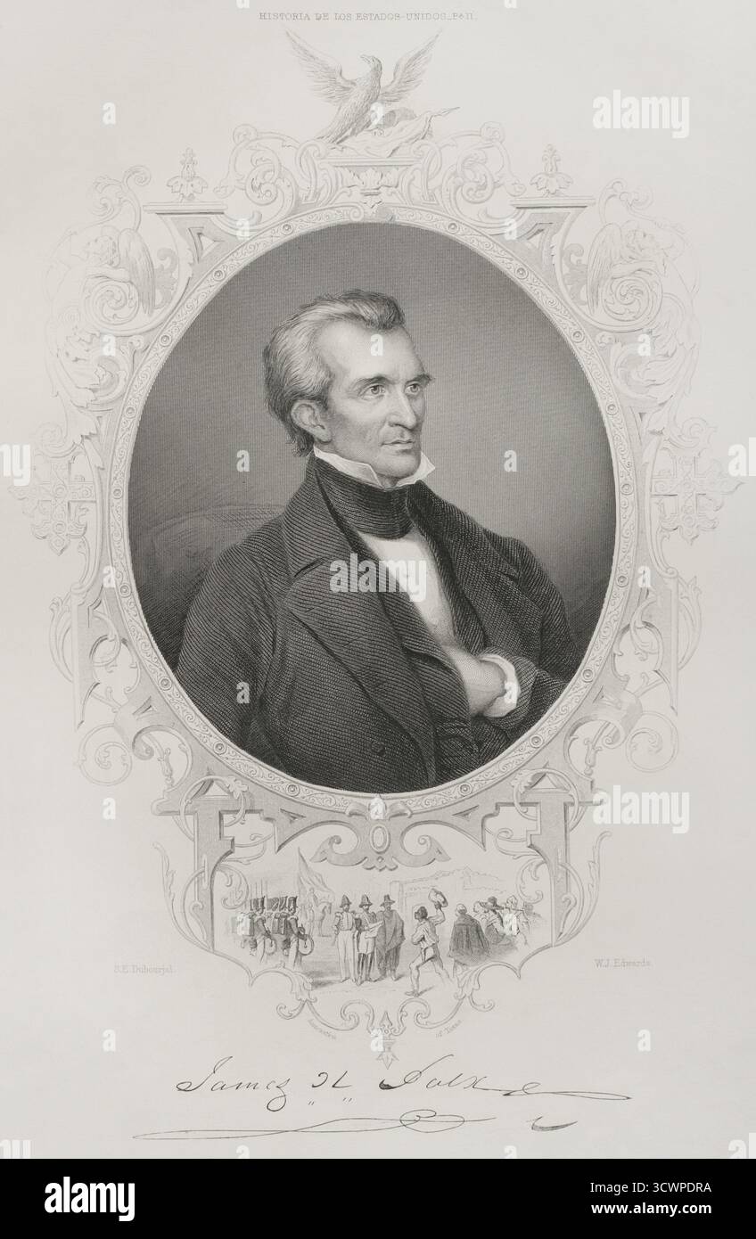James K. Polk (James Knox Polk) (1795-1849) Politicien américain. 11e Président des Etats-Unis (1845-1849). Président de la Chambre des représentants des États-Unis (1835-1839) et gouverneur du Tennessee (1834-1841). Portrait. Gravure de W. Joseph Edwards (fl. 1840-1867) d'après Savinien Edme Dubourjal (1795-1865), vers 1845. Histoire des États-Unis, par J. A. Spencer. Volume III Edition publié à Barcelone, 1873. Banque D'Images James K. Polk (James Knox Polk) (1795-1849) Politicien américain. 11e Président des Etats-Unis (1845-1849). Président de la Chambre des représentants des États-Unis (1835-1839) et gouverneur du Tennessee (1834-1841). Portrait. Gravure de W. Joseph Edwards (fl. 1840-1867) d'après Savinien Edme Dubourjal (1795-1865), vers 1845. Histoire des États-Unis, par J. A. Spencer. Volume III Edition publié à Barcelone, 1873. Banque D'Images