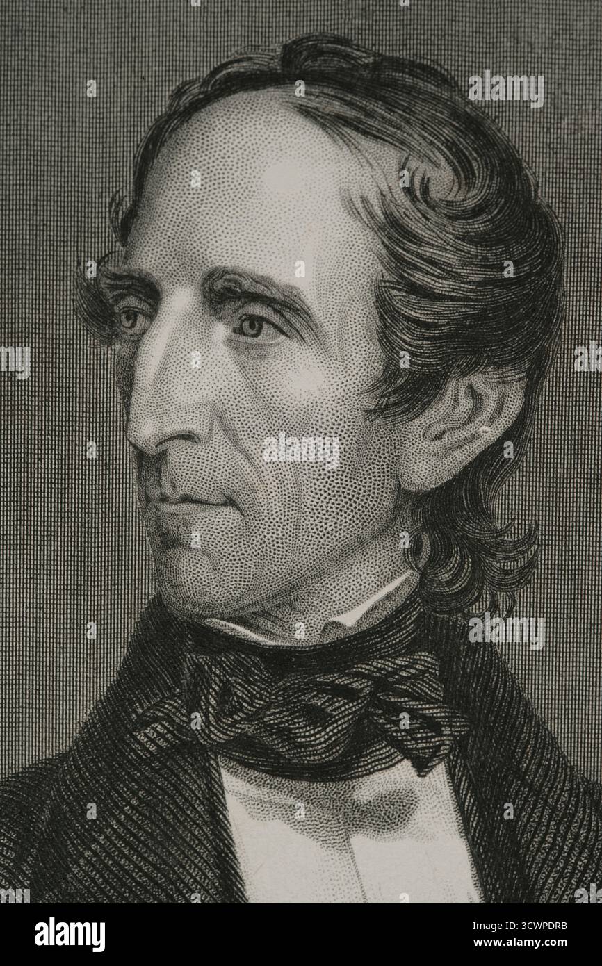 John Tyler (1790-1862) Politicien américain. 10e Président des États-Unis d'Amérique (1841-1845), après avoir brièvement occupé le poste de vice-président de mars à avril 1841. Portrait. Gravure de Charles Holl (1820-1882) d'après Charles Fenderich (1805-1889). Détail. Histoire des États-Unis, par J. A. Spencer. Volume III Edition publié à Barcelone, 1873. Banque D'Images John Tyler (1790-1862) Politicien américain. 10e Président des États-Unis d'Amérique (1841-1845), après avoir brièvement occupé le poste de vice-président de mars à avril 1841. Portrait. Gravure de Charles Holl (1820-1882) d'après Charles Fenderich (1805-1889). Détail. Histoire des États-Unis, par J. A. Spencer. Volume III Edition publié à Barcelone, 1873. Banque D'Images