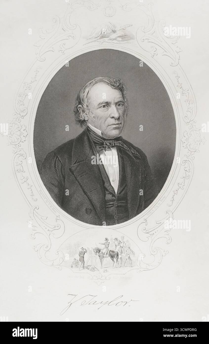 Zachary Taylor (1784-1850) Général américain. 12e Président des États-Unis d'Amérique (1849-1850). Portrait. Gravure de T.W. Hunt à partir d'un daguerrotype de Mathew Brady (1822-1896). Histoire des États-Unis, par J. A. Spencer. Volume III Edition publié à Barcelone, 1873. Banque D'Images