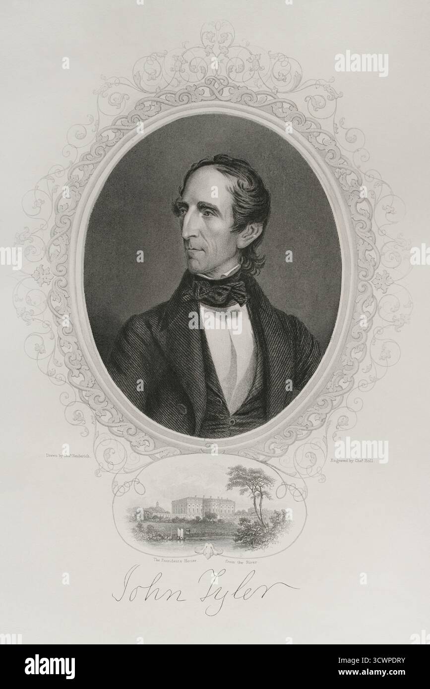 John Tyler (1790-1862) Politicien américain. 10e Président des États-Unis d'Amérique (1841-1845), après avoir brièvement occupé le poste de vice-président de mars à avril 1841. Portrait. Gravure de Charles Holl (1820-1882) d'après Charles Fenderich (1805-1889). Histoire des États-Unis, par J. A. Spencer. Volume III Edition publié à Barcelone, 1873. Banque D'Images John Tyler (1790-1862) Politicien américain. 10e Président des États-Unis d'Amérique (1841-1845), après avoir brièvement occupé le poste de vice-président de mars à avril 1841. Portrait. Gravure de Charles Holl (1820-1882) d'après Charles Fenderich (1805-1889). Histoire des États-Unis, par J. A. Spencer. Volume III Edition publié à Barcelone, 1873. Banque D'Images