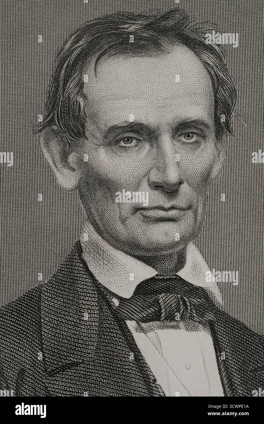 Abraham Lincoln (1809-1865) Politicien et avocat américain. 16e président des États-Unis d'Amérique, du 4 mars 1861 jusqu'à son assassinat le 14 avril 1865 au Ford's Theatre à Washington, D.C. Lincoln a dirigé les États-Unis pendant la guerre de Sécession, battant les États confédérés et jouant un rôle majeur dans l'abolition de l'esclavage. Portrait. Gravure. Détail. Histoire des États-Unis, par J. A. Spencer. Volume III Edition publié à Barcelone, 1873. Banque D'Images