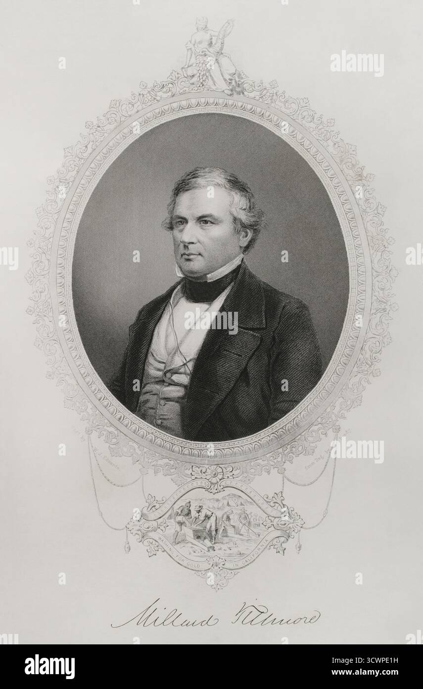 Millard Fillmore (1800-1874) Politicien américain. 13e Président des États-Unis d'Amérique (1850-1853). Portrait. Gravure de W.J. Edwards (fl. 1840-1863) d'après un daguerrotype de Mathew Brady (1822-1896), c. 1860. Histoire des États-Unis, par J. A. Spencer. Volume III Edition publié à Barcelone, 1873. Banque D'Images Millard Fillmore (1800-1874) Politicien américain. 13e Président des États-Unis d'Amérique (1850-1853). Portrait. Gravure de W.J. Edwards (fl. 1840-1863) d'après un daguerrotype de Mathew Brady (1822-1896), c. 1860. Histoire des États-Unis, par J. A. Spencer. Volume III Edition publié à Barcelone, 1873. Banque D'Images