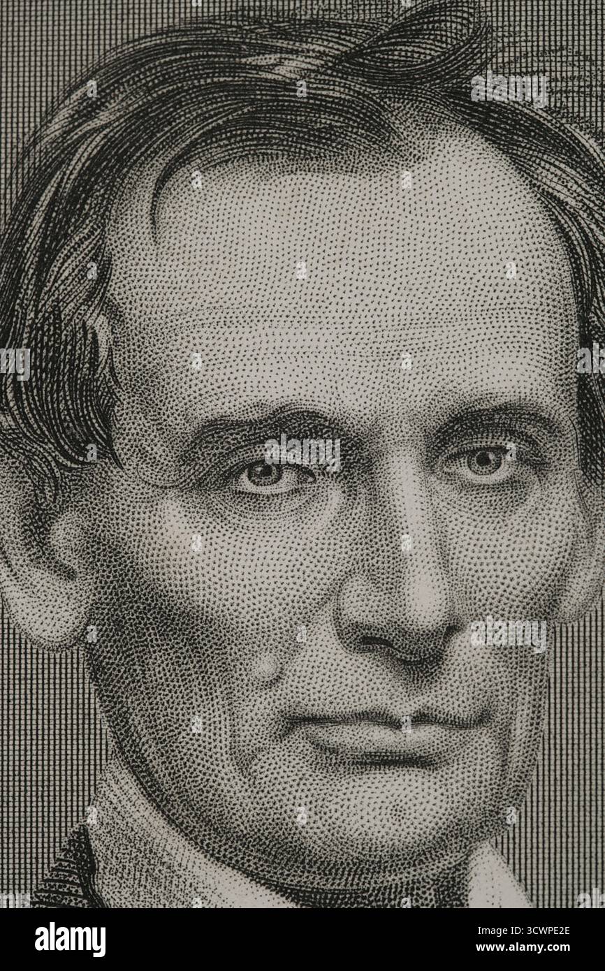 Abraham Lincoln (1809-1865) Politicien et avocat américain. 16e président des États-Unis d'Amérique, du 4 mars 1861 jusqu'à son assassinat le 14 avril 1865 au Ford's Theatre à Washington, D.C. Lincoln a dirigé les États-Unis pendant la guerre de Sécession, battant les États confédérés et jouant un rôle majeur dans l'abolition de l'esclavage. Portrait. Gravure. Détail. Histoire des États-Unis, par J. A. Spencer. Volume III Edition publié à Barcelone, 1873. Banque D'Images