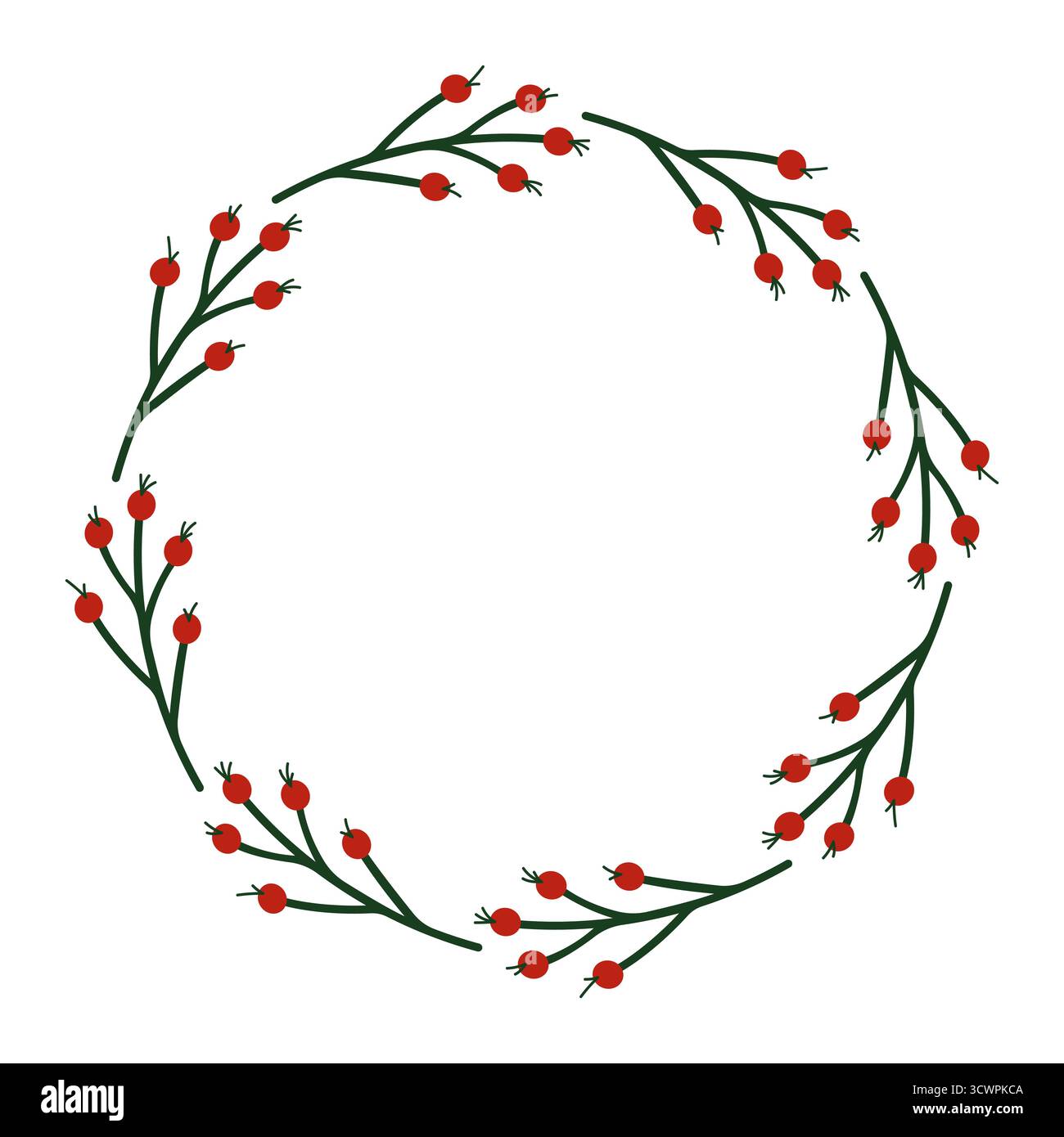Cadre de couronne circulaire branche verte de rowan en cercle sur fond blanc dans un style plat. Espace central vide pour le texte ou l'élément de conception. Illustration de Vecteur