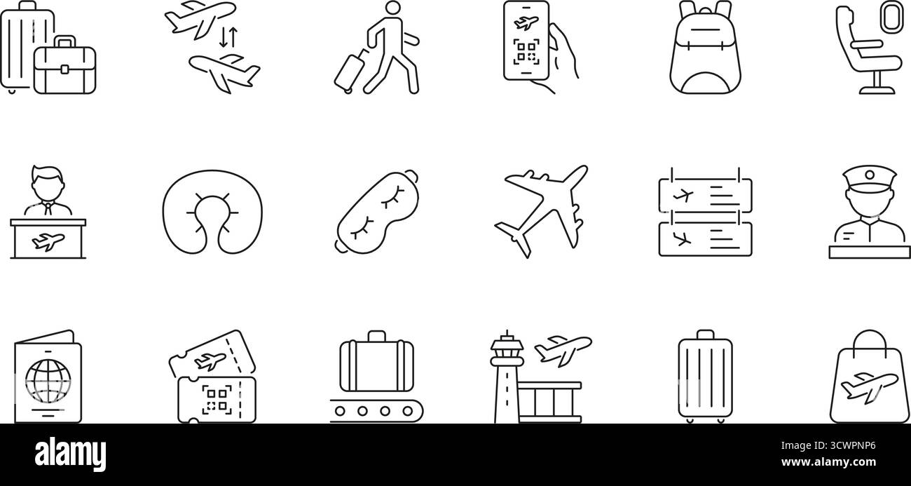 Jeu d'icônes Travel et Airport Essentials Line. Collection de symboles voyage aérien, bagages, carte d'embarquement et Security Outline. Services de vol et passagers Illustration de Vecteur