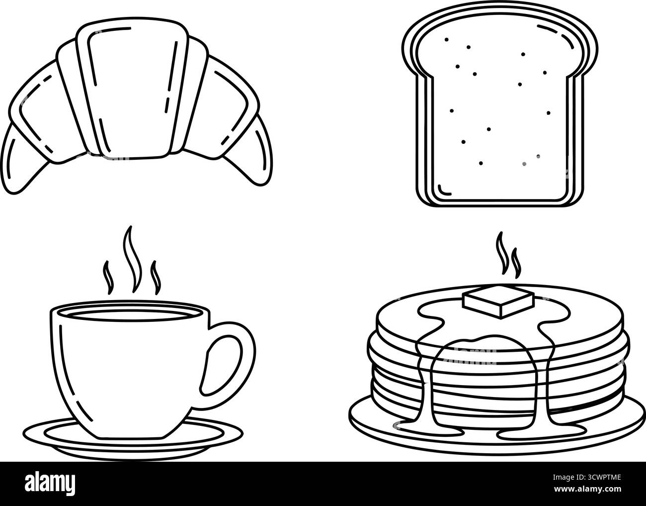 Ensemble d'icônes pour le petit-déjeuner, comprenant des croissants, des toasts, du café et des crêpes Illustration de Vecteur Ensemble d'icônes pour le petit-déjeuner, comprenant des croissants, des toasts, du café et des crêpes Illustration de Vecteur