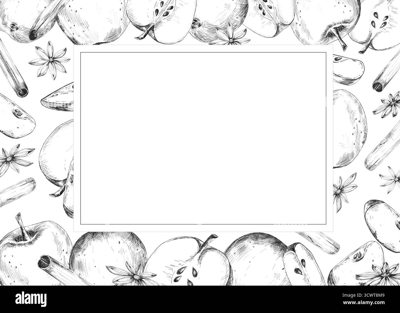 Modèle de cadre prêt à l'emploi de pommes, tranches, cannelle, étoiles d'anis. Copier l'espace pour le texte. Clipart alimentaire d'automne. Illustration à l'encre dessinée à la main pour la nourriture Banque D'Images