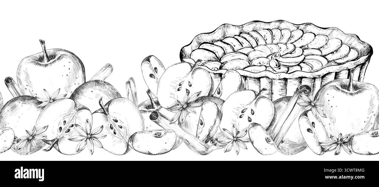 Bordure sans couture de pommes dessinées à l'encre, tarte aux pommes, tranches, bâtonnets de cannelle et anis étoilé. Croquis alimentaire. Illustration noire et blanche dessinée à la main pour la nourriture- Banque D'Images