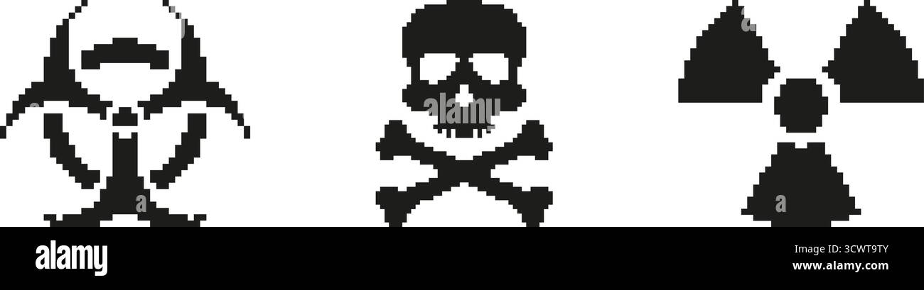 Jeu d'icônes Pixel Art pour risque biologique, crâne et croisés et avertissement de rayonnement. Symboles de matières dangereuses, de toxicité et de danger radioactif. Sécurité et Illustration de Vecteur Jeu d'icônes Pixel Art pour risque biologique, crâne et croisés et avertissement de rayonnement. Symboles de matières dangereuses, de toxicité et de danger radioactif. Sécurité et Illustration de Vecteur