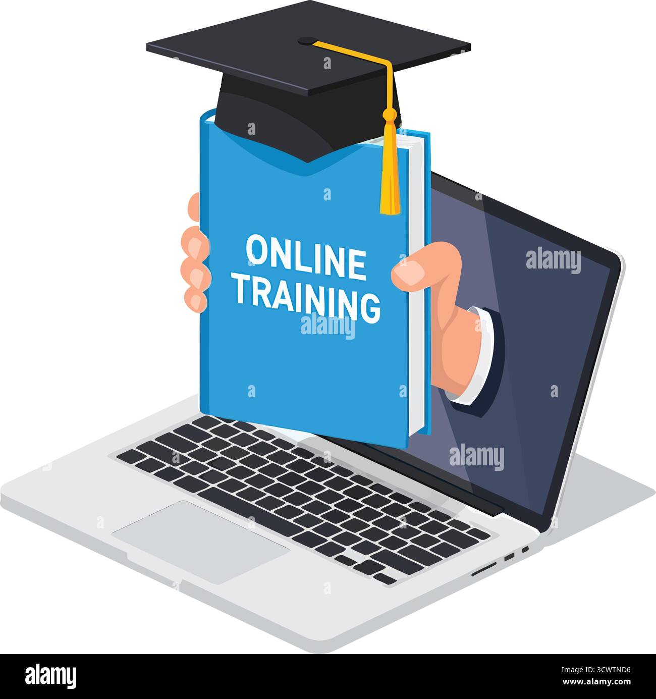 Livre de casquette de formation en ligne et ordinateur portable pour l'apprentissage numérique et l'illustration de l'éducation Illustration de Vecteur