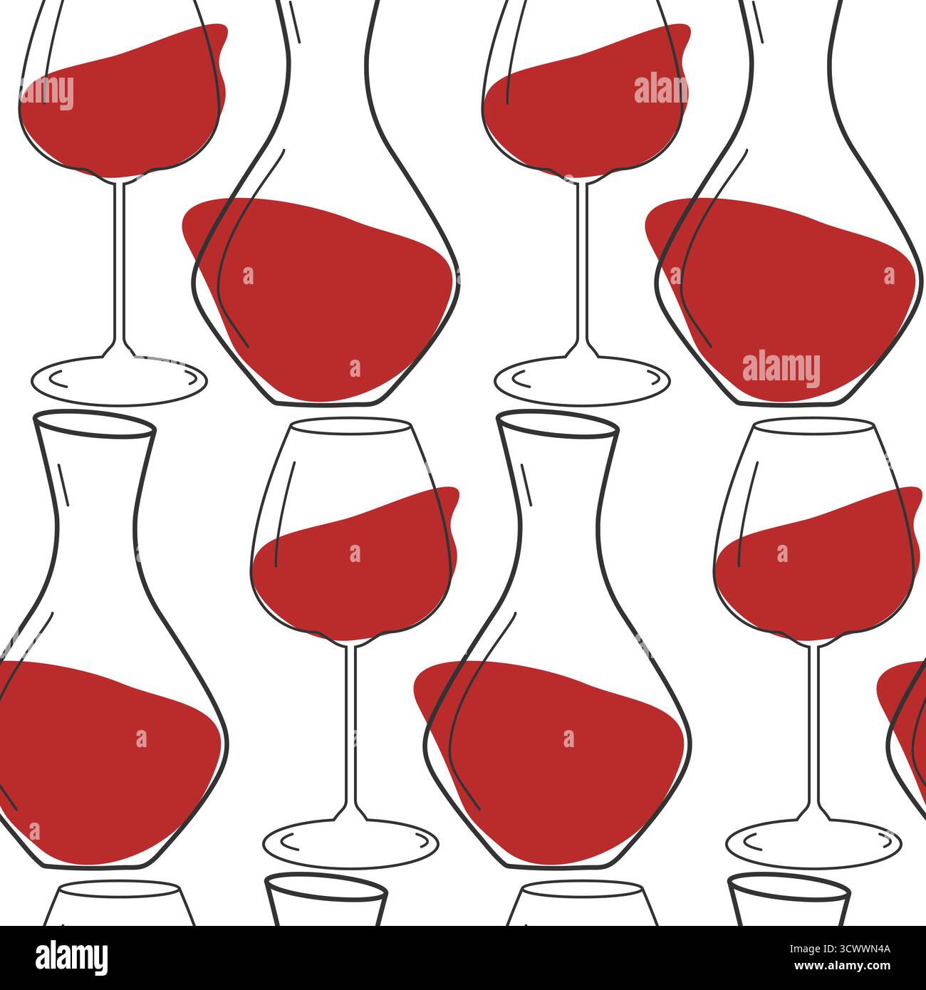 Décanteur de contour et grand vin avec des taches rouges comme le vin Seamless Pattern Wine Day Card idée de toile de fond. Illustration vectorielle isolée cartes de vœux thématiques de fond affiche bannière, dépliant, étiquette Illustration de Vecteur