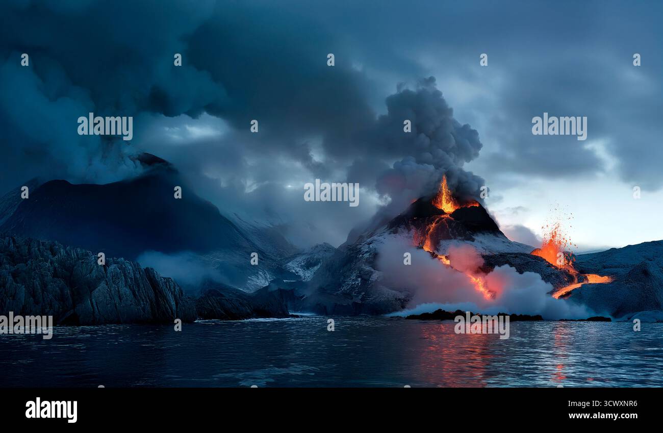 Éruption volcanique avec lave qui coule dans la mer et nuages de cendres volcaniques. Banque D'Images